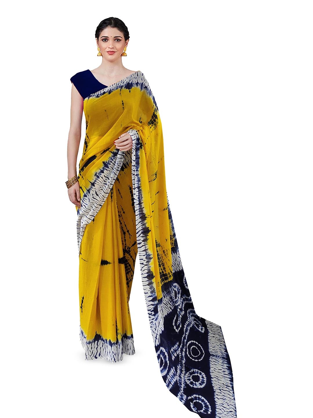 

JAIPURI BLOCK PRINT Tie and Dye Mulmul Cotton Block Print Saree, Yellow