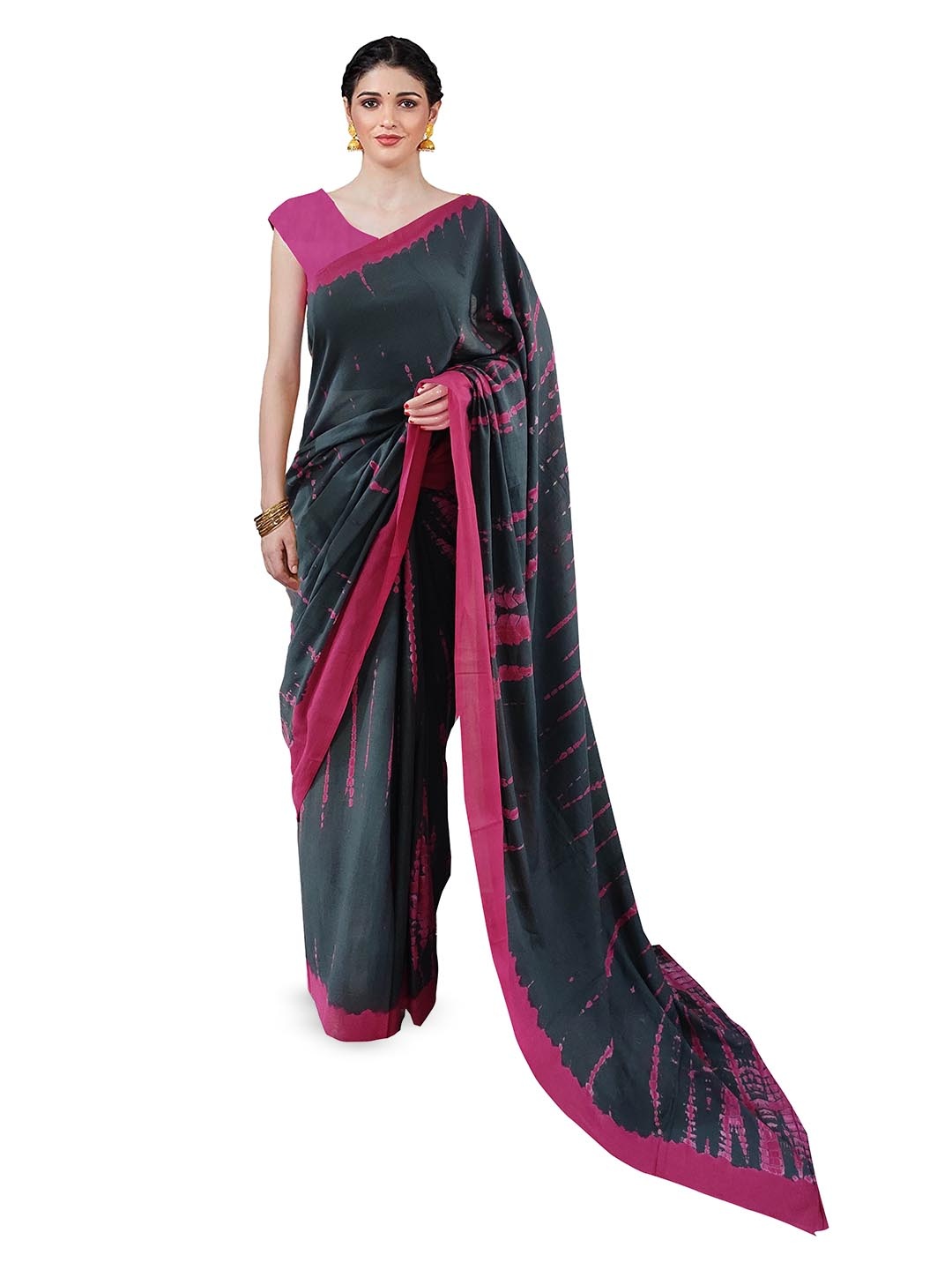 

JAIPURI BLOCK PRINT Tie & Dyed Pure Cotton Block Print Saree, Pink