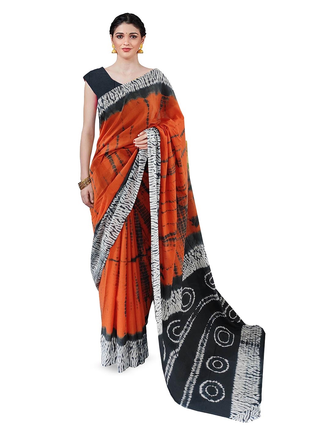 

JAIPURI BLOCK PRINT Tie and Dye Printed Pure Cotton Block Print Saree, Orange