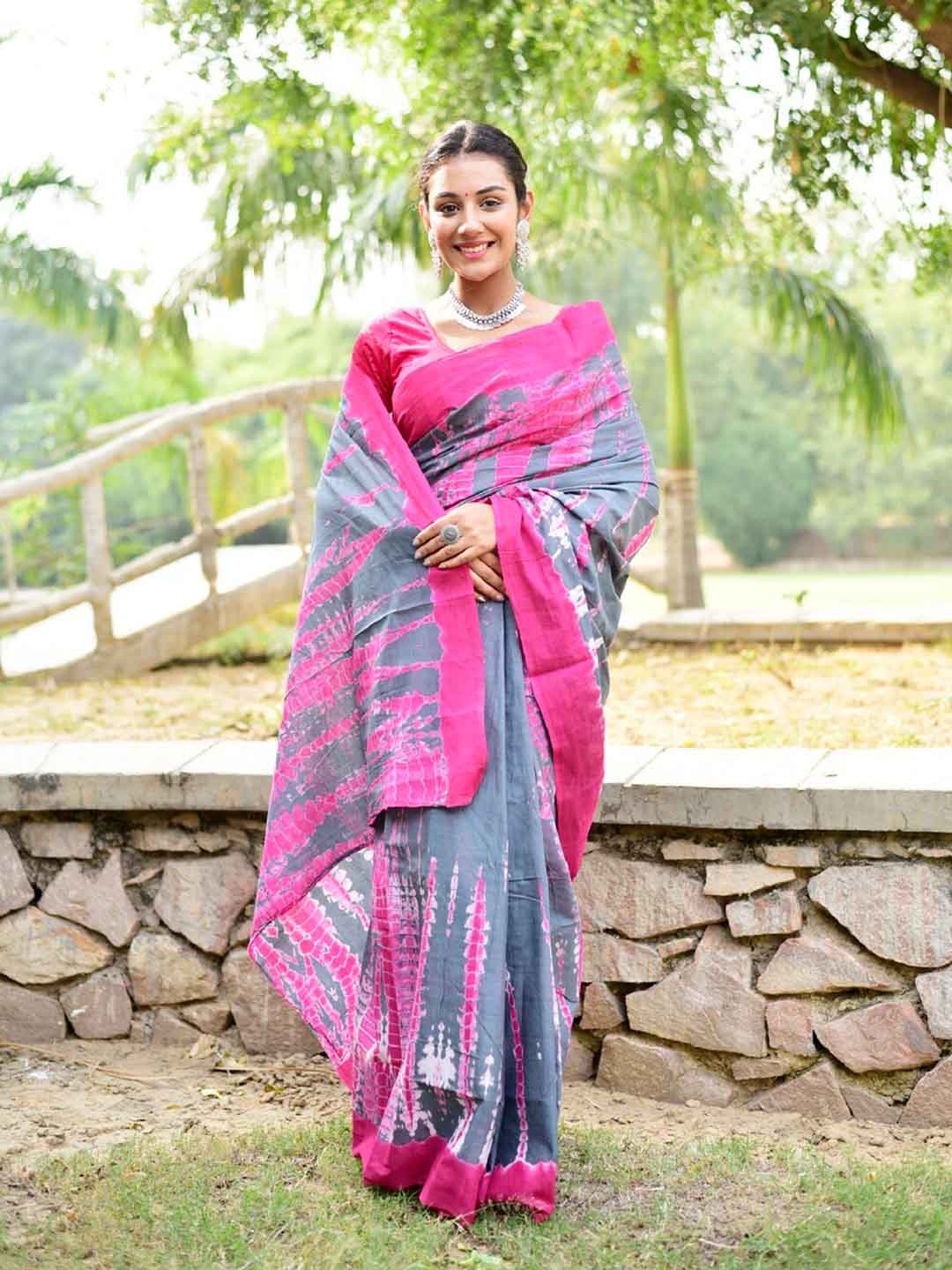 

JAIPURI BLOCK PRINT Tie & Dye Dyed Pure Cotton Bagru Saree, Pink