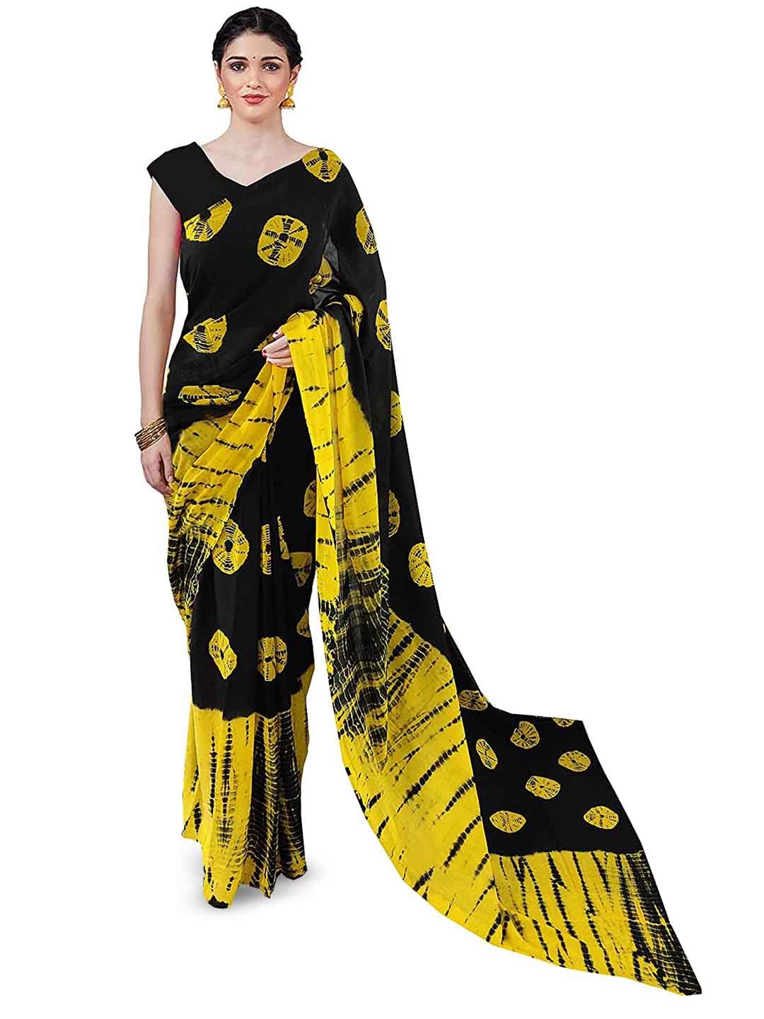 

JAIPURI BLOCK PRINT Tie and Dye Pure Cotton Ikat Saree, Yellow