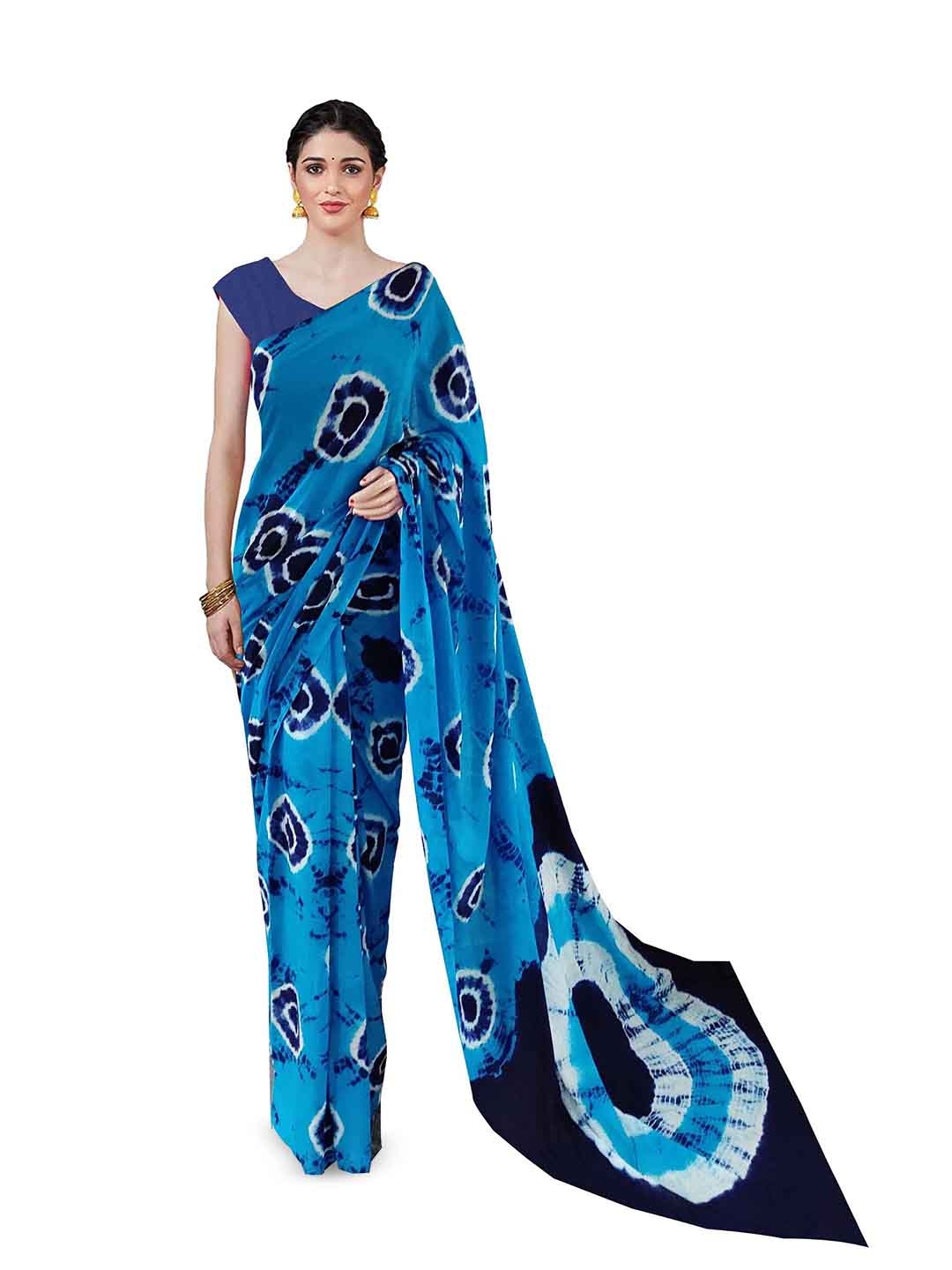 

JAIPURI BLOCK PRINT Tie and Dyed Pure Cotton Saree, Blue