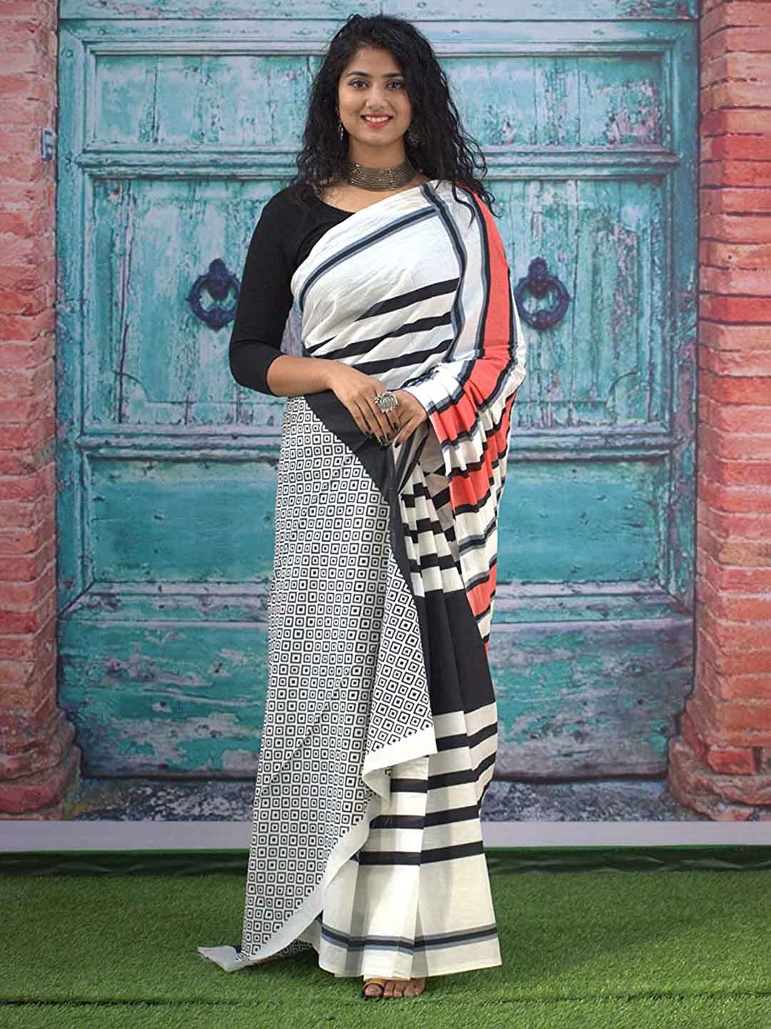 

JAIPURI BLOCK PRINT Striped Pure Cotton Bagru Saree, White