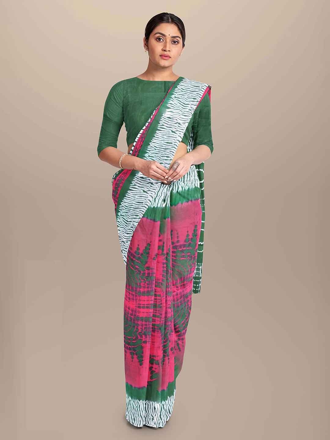 

JAIPURI BLOCK PRINT Tie and Dyed Pure Cotton Bagru Saree, Pink