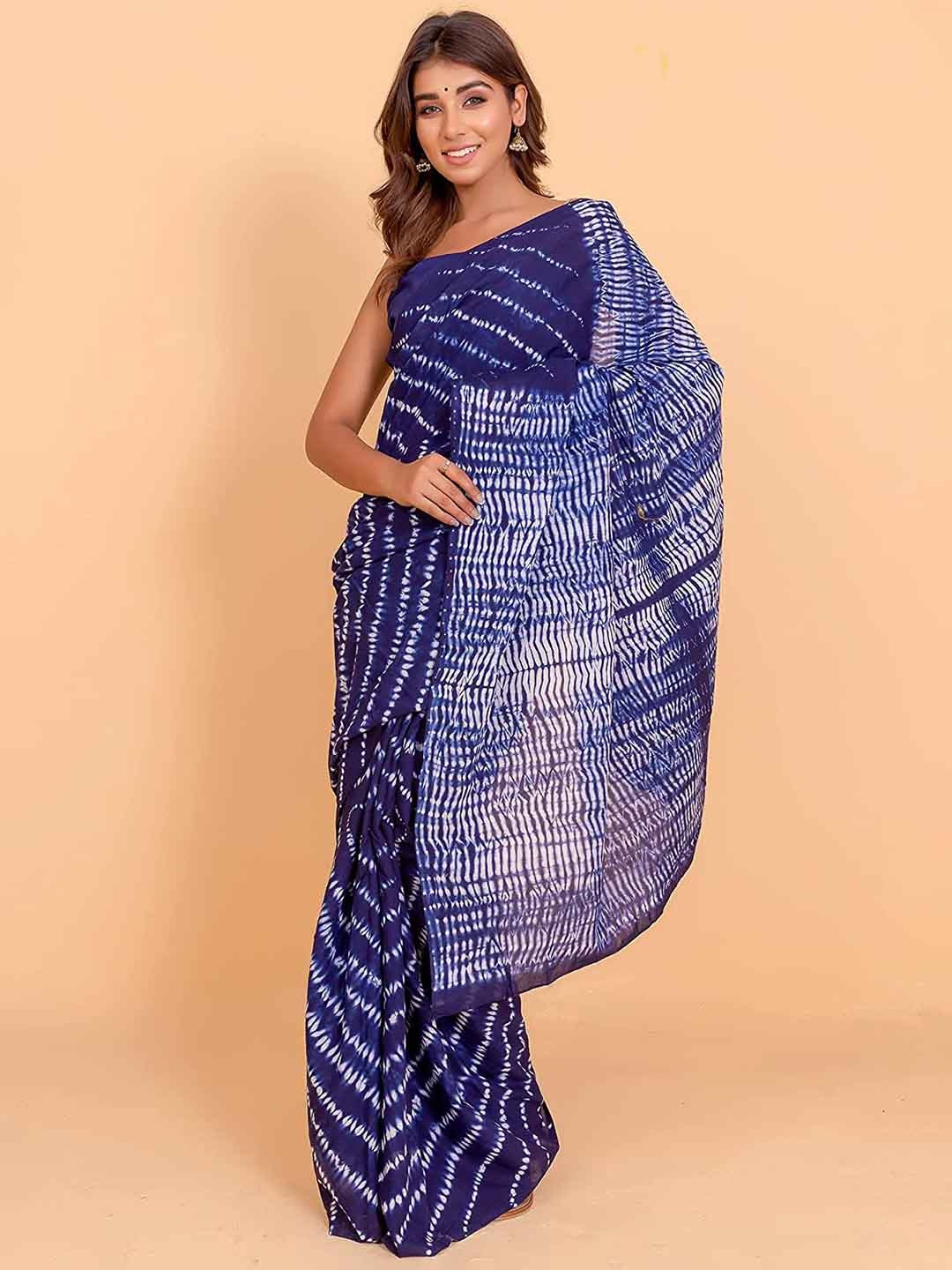 

JAIPURI BLOCK PRINT Tie and Dye Pure Cotton Bagru Saree, Blue