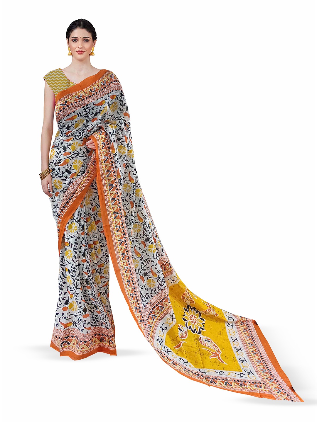 

JAIPURI BLOCK PRINT Floral Printed Bagru Saree, White