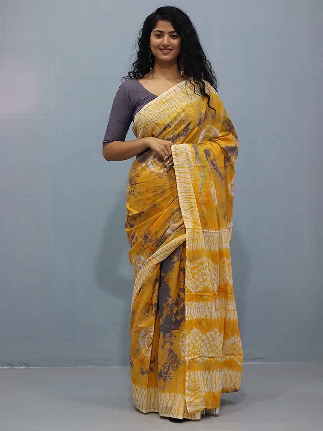 

JAIPURI BLOCK PRINT Tie and Dye Pure Cotton Ikat Saree, Brown