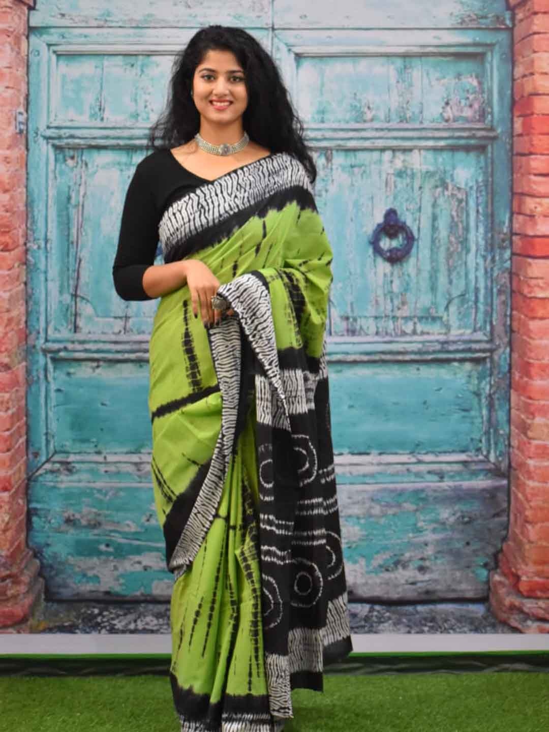 

JAIPURI BLOCK PRINT Tie and Dye Pure Cotton Ikat Saree, Green