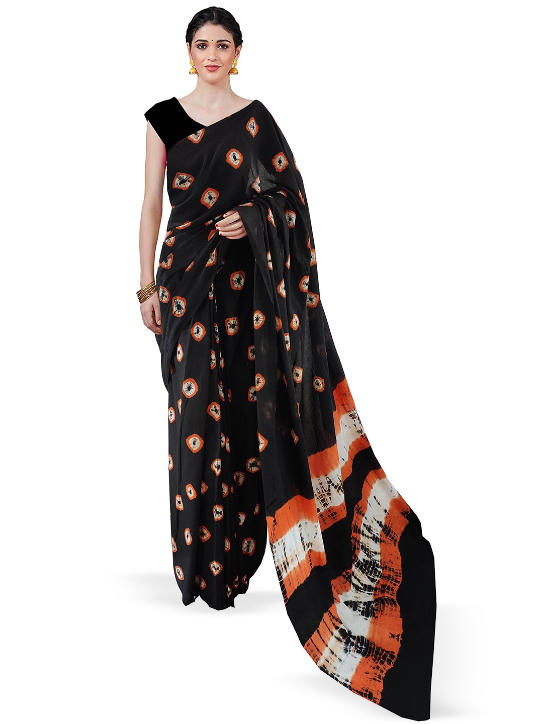 

JAIPURI BLOCK PRINT Bandhani Pure Cotton Ikat Saree, Black