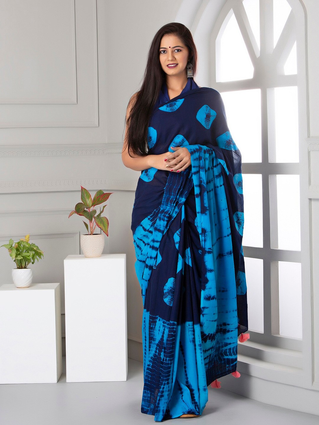 

JAIPURI BLOCK PRINT Tie and Dye Pure Cotton Ikat Saree, Blue