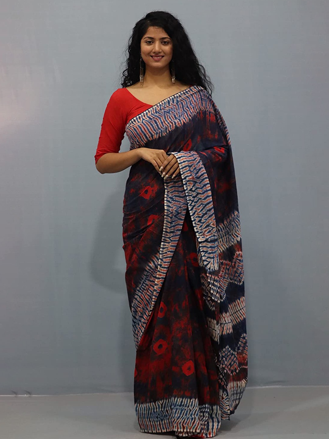 

JAIPURI BLOCK PRINT Tie and Dye Printed Pure Cotton Ikat Saree, Red