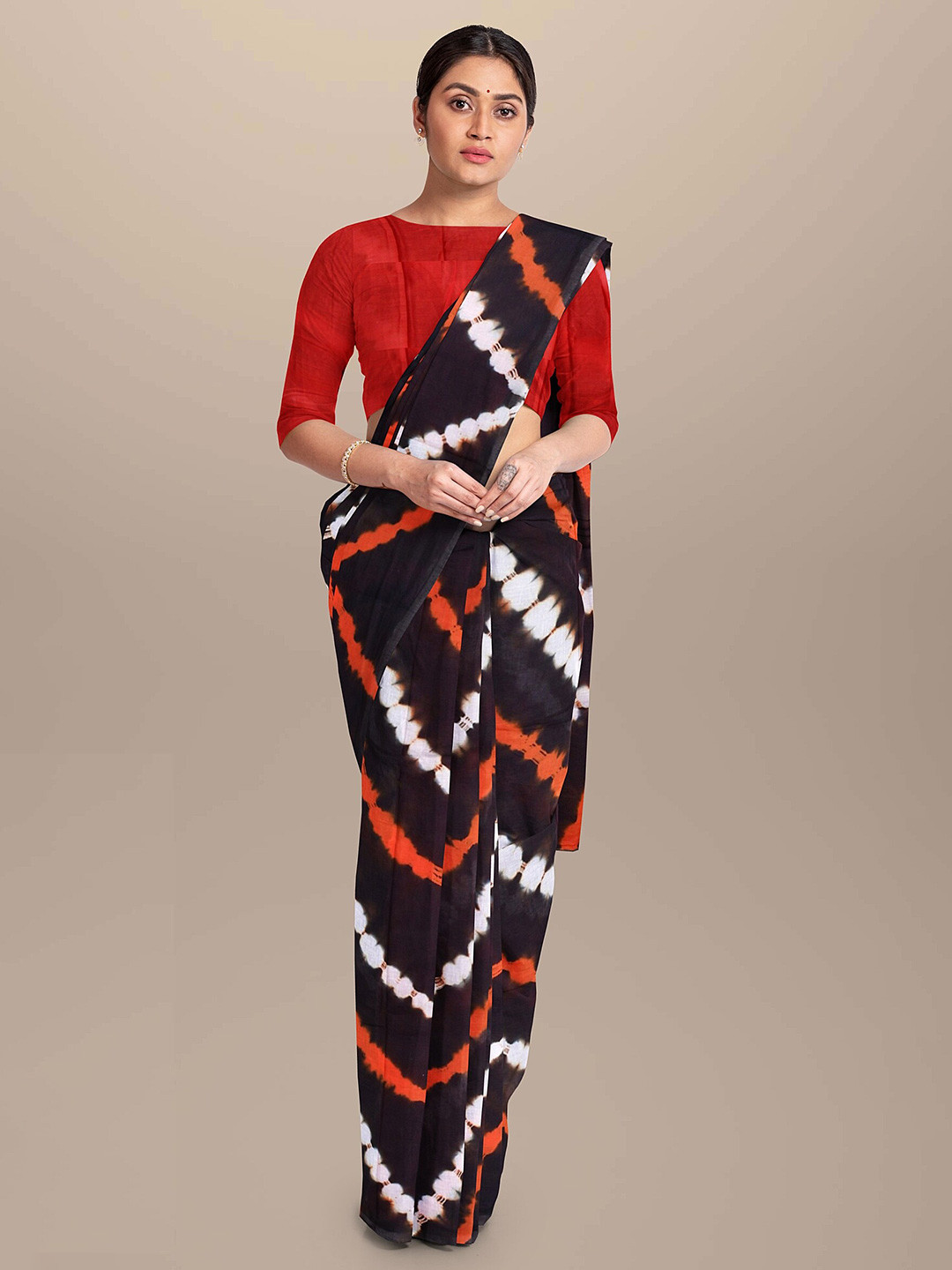 

JAIPURI BLOCK PRINT Tie and Dye Mulmul Pure Cotton Saree, Black