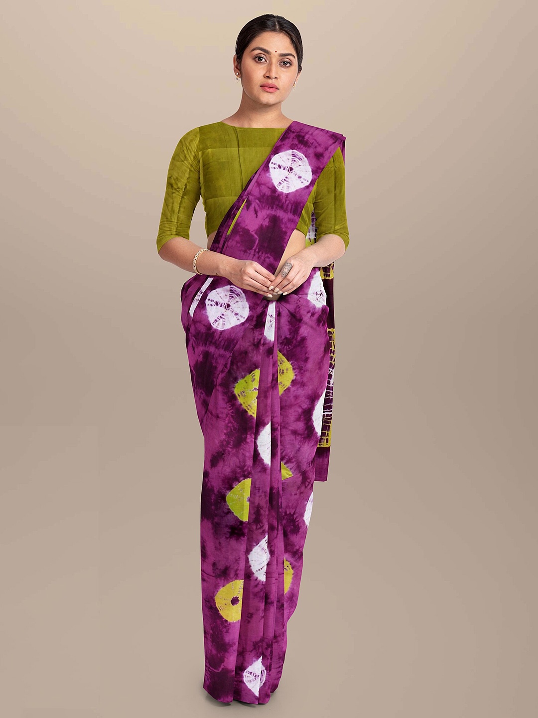 

JAIPURI BLOCK PRINT Bandhani Pure Cotton Bagru Saree, Purple
