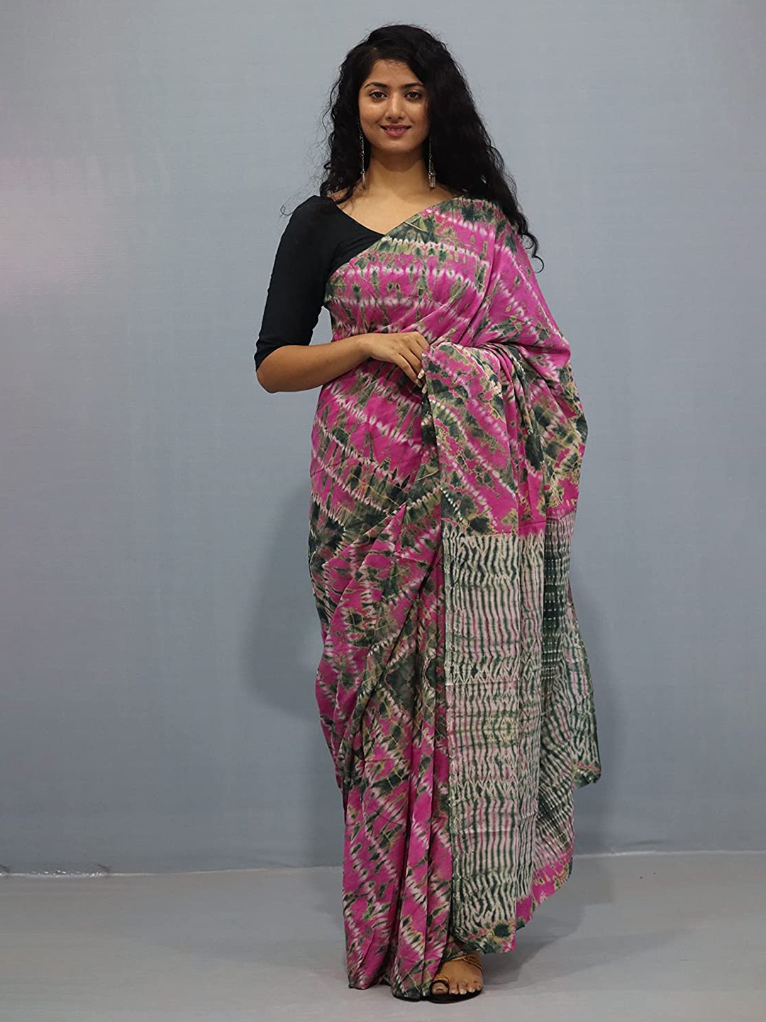 

JAIPURI BLOCK PRINT Tie and Dye Pure Cotton Block Print Saree, Pink