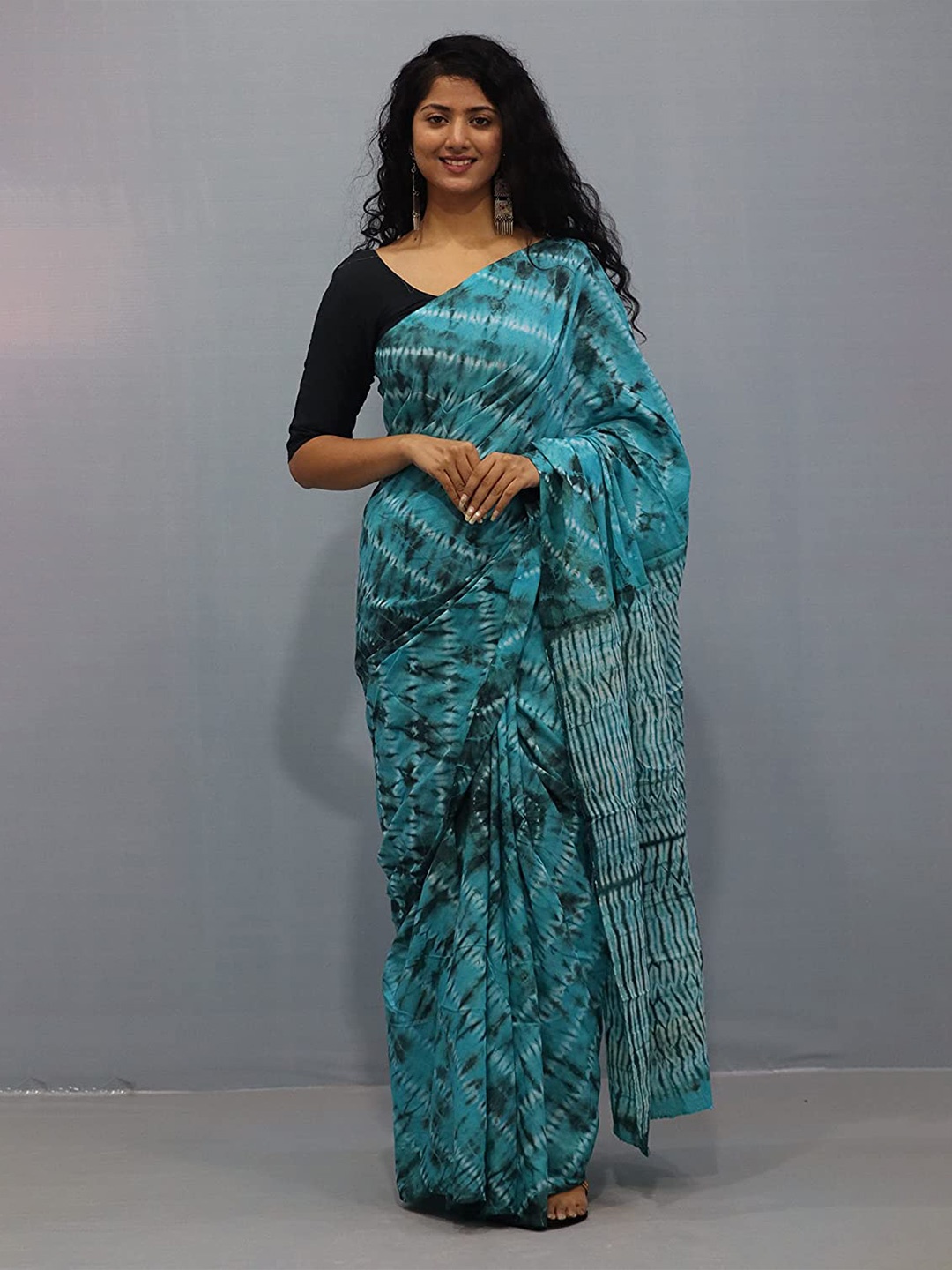 

JAIPURI BLOCK PRINT Tie and Dye Pure Cotton Ikat Saree, Blue