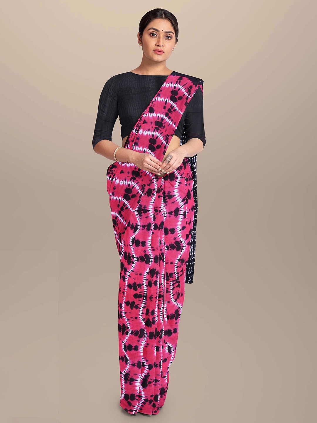 

JAIPURI BLOCK PRINT Tie and Dye Pure Cotton Handloom Bagru Saree, Pink