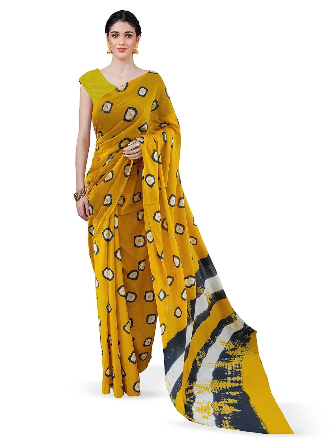 

JAIPURI BLOCK PRINT Bandhani Pure Cotton Block Print Saree, Yellow