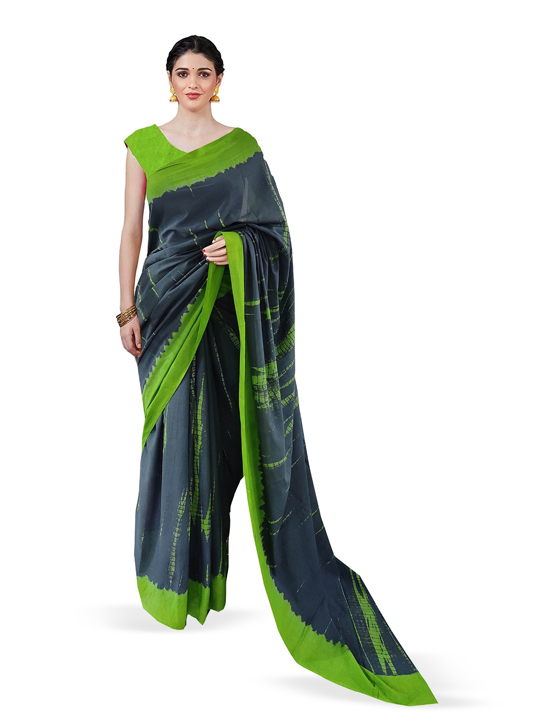 

JAIPURI BLOCK PRINT Tie and Dye Pure Cotton Block Print Saree, Green