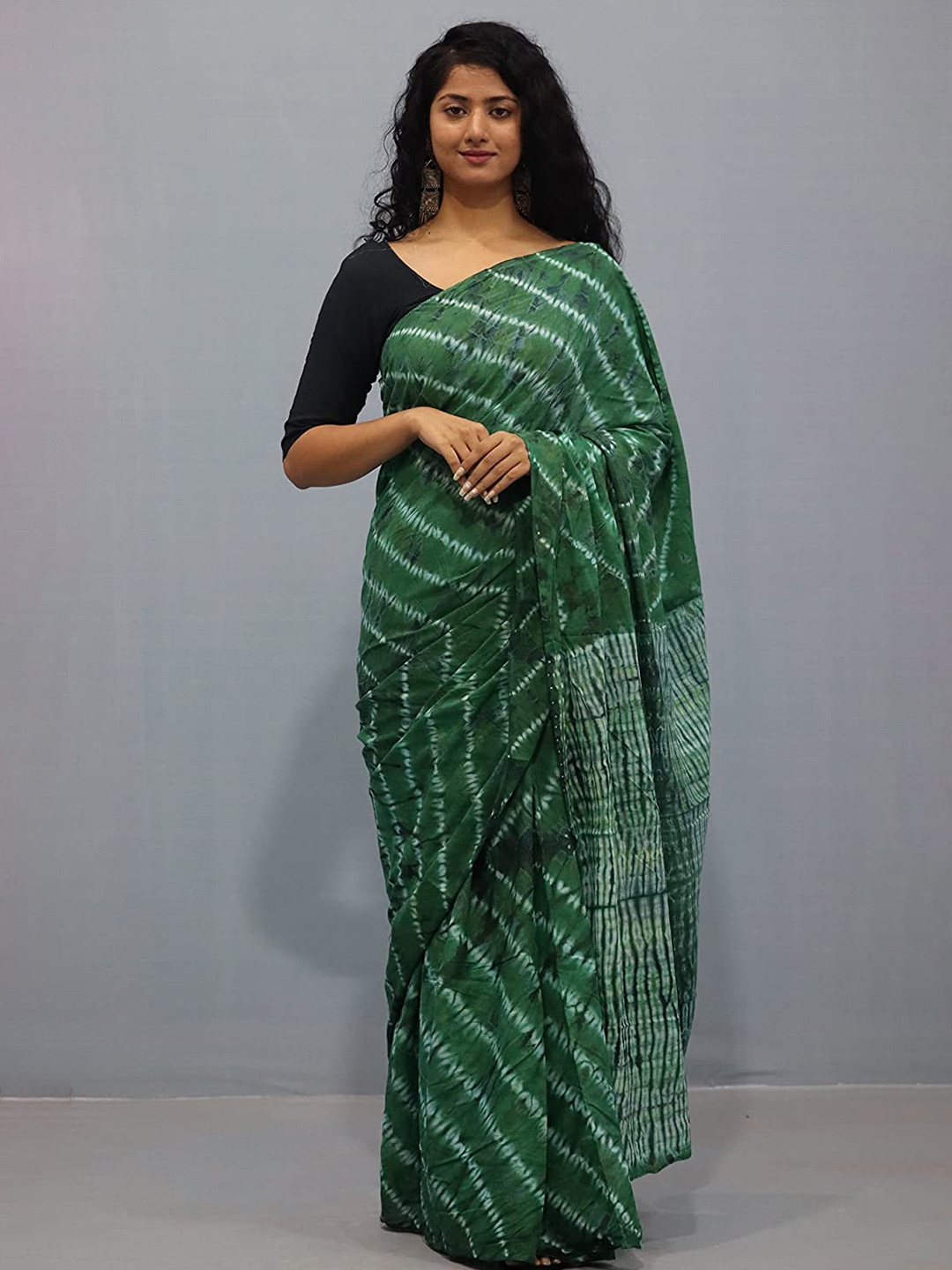 

JAIPURI BLOCK PRINT Tie and Dye Pure Cotton Block Print Saree, Green