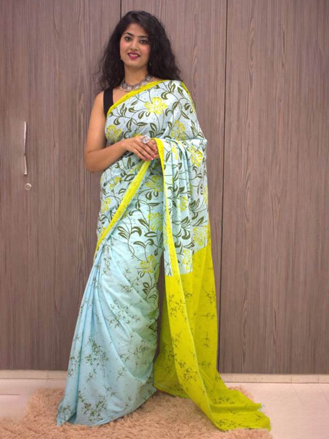 

JAIPURI BLOCK PRINT Floral Block Printed Saree, Turquoise blue