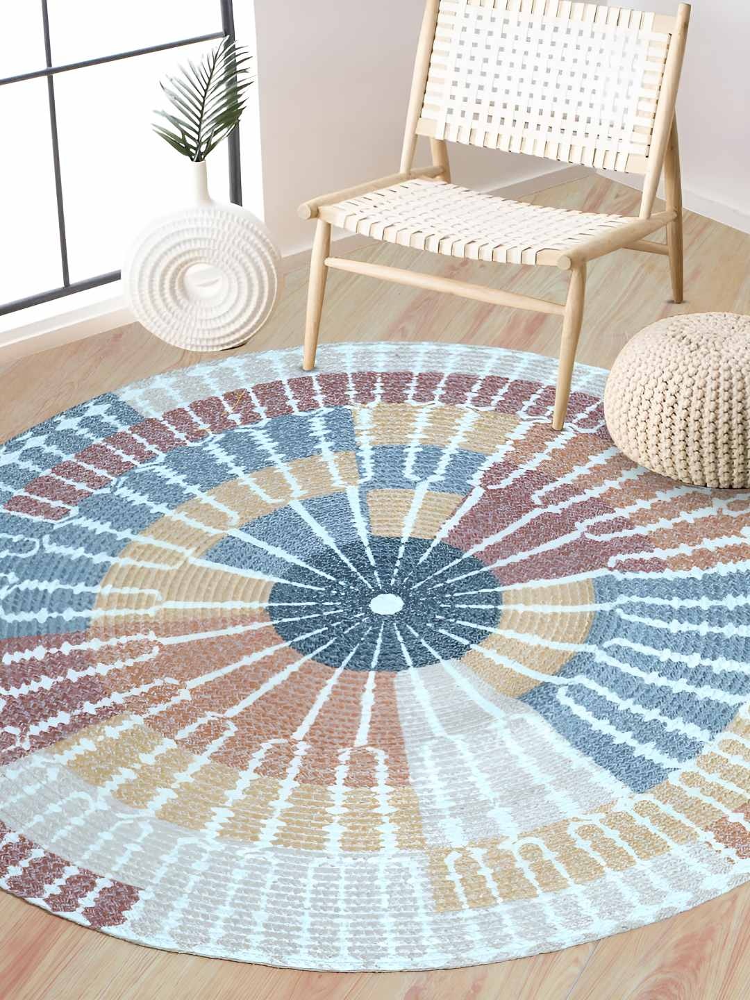 

BELLA TRUE Brown & Yellow Geometric Printed Round Water Resistant Cotton Dhurrie
