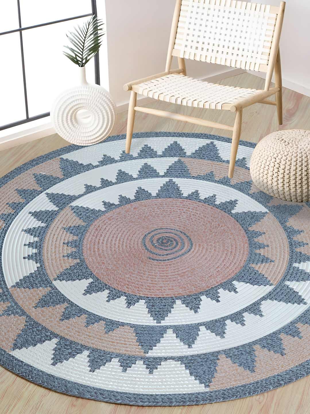 

BELLA TRUE Grey & Beige Geometric Printed Round Cotton Dhurrie