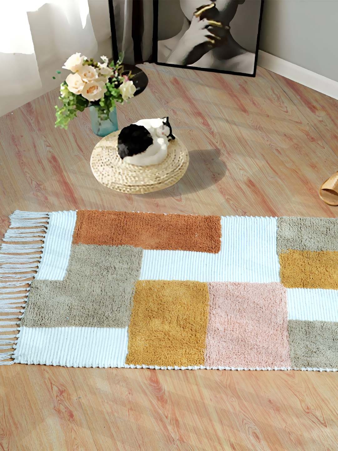 

BELLA TRUE Brown & Pink Geometric Printed Rectangle Water Resistant Cotton Floor Mat