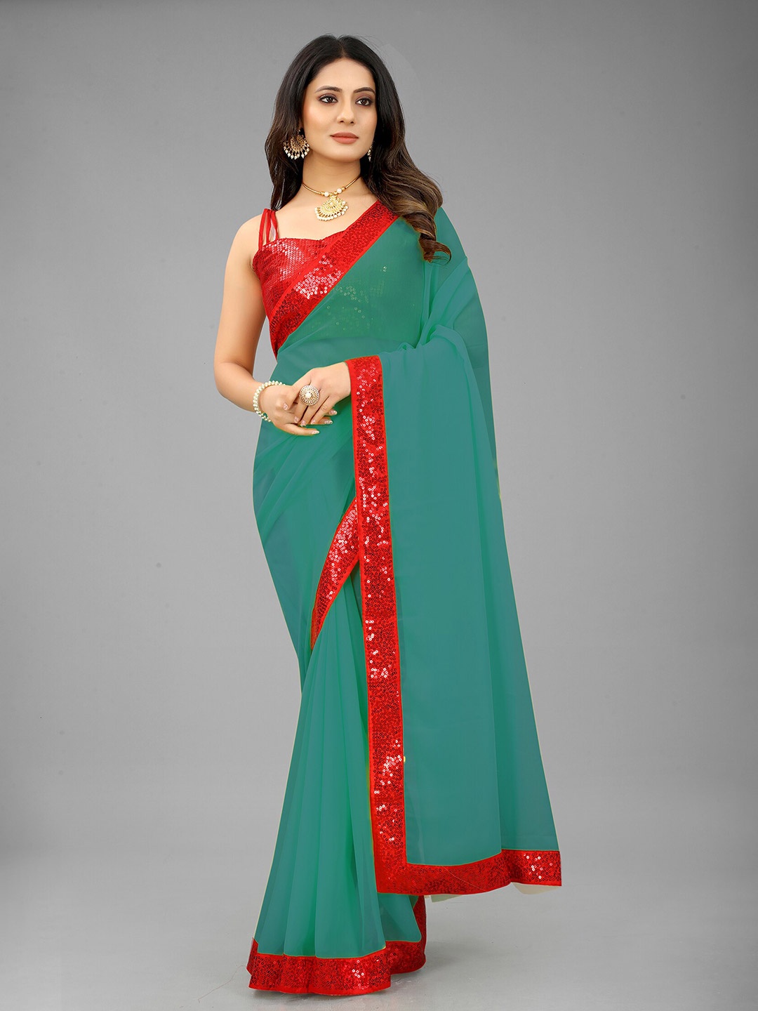 

Reeta Fashion Sequinned Pure Georgette Saree, Green
