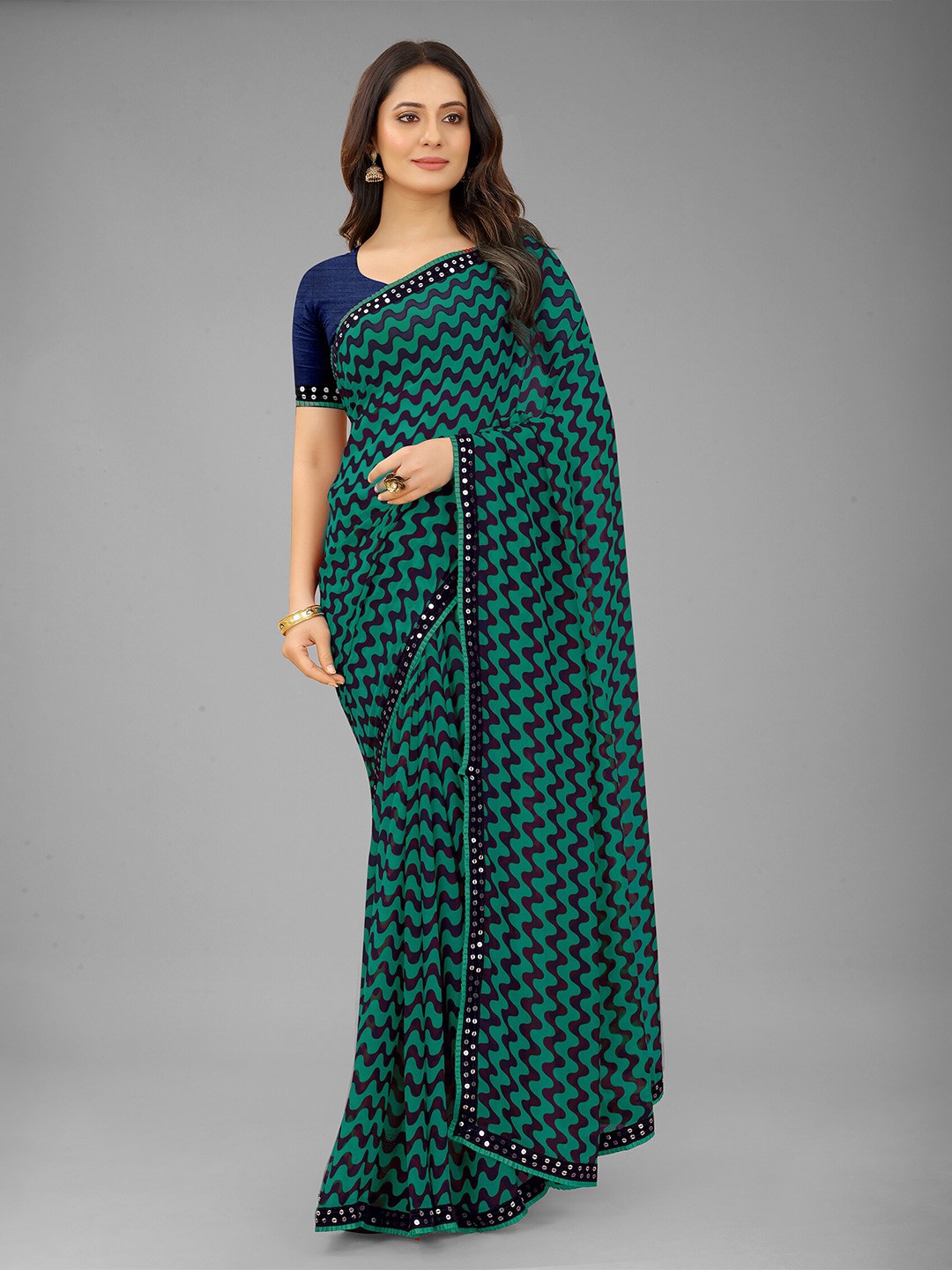 

Reeta Fashion Striped Mirror Work Pure Georgette Saree, Navy blue