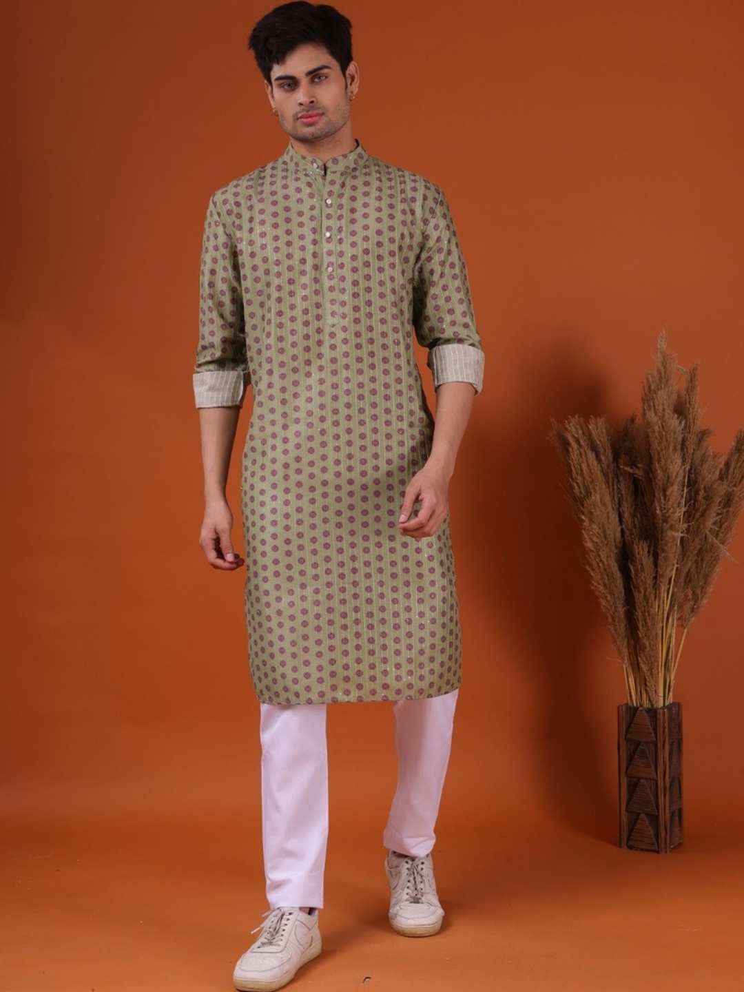 

SHIWAM ETHNIX Polka Dots Printed Pure Cotton Kurta, Green