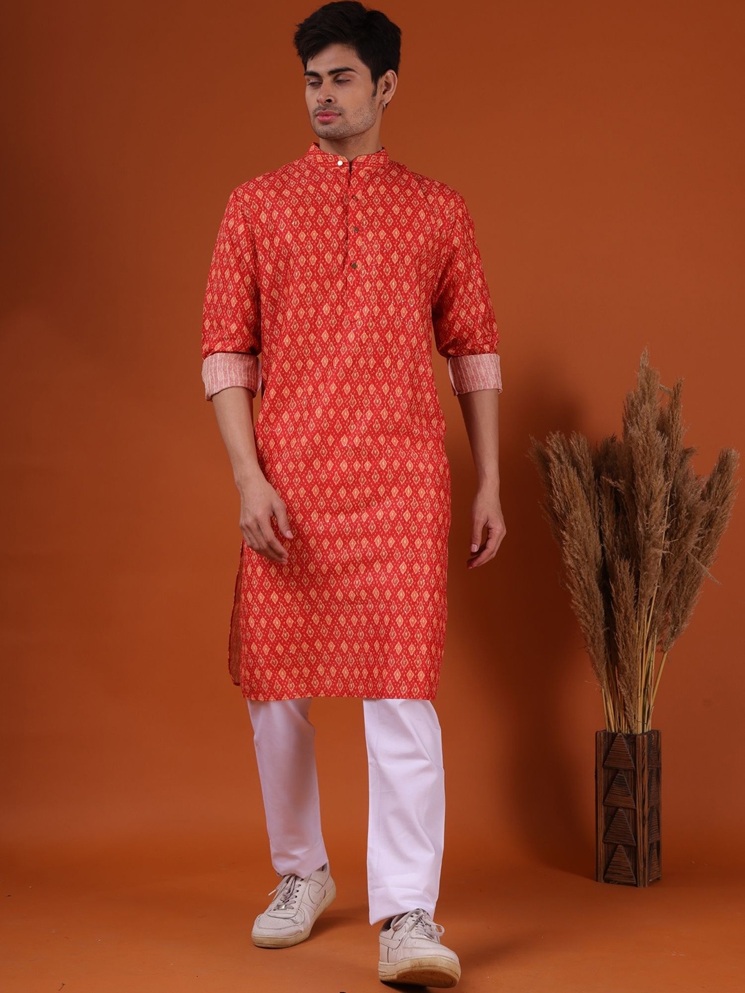 

SHIWAM ETHNIX Ethnic Motifs Printed Band Collar Long Sleeves Silk Kurta, Orange