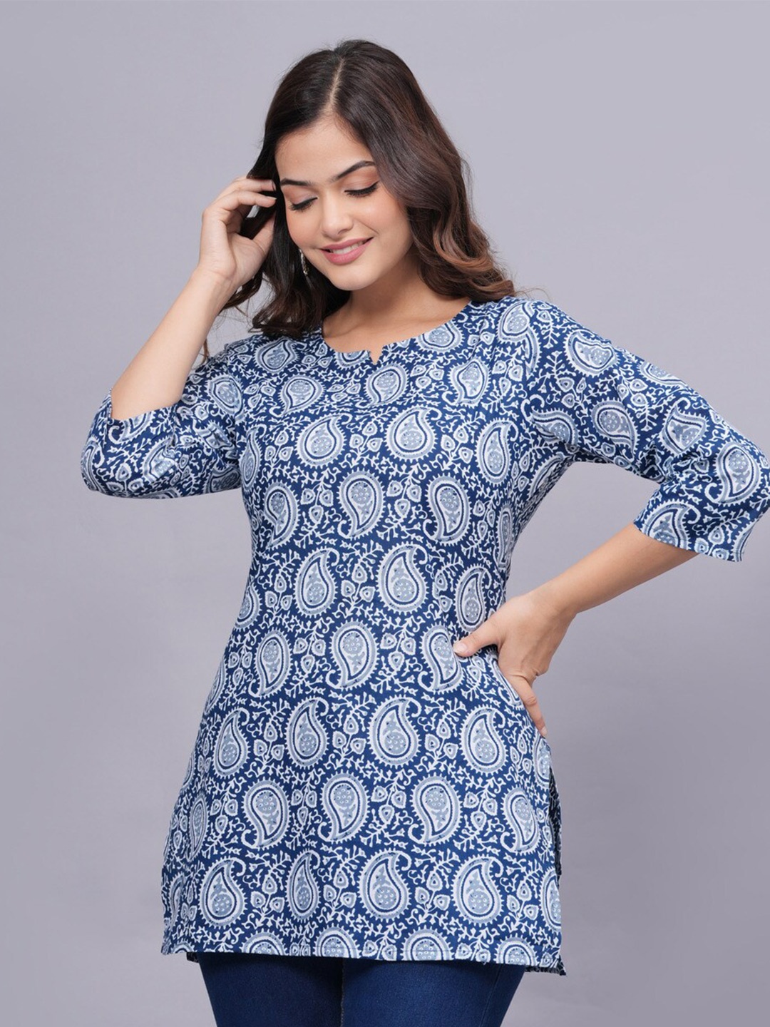 

ROOPWATI FASHION Ethnic Motifs Printed Pure Cotton Kurti, Blue