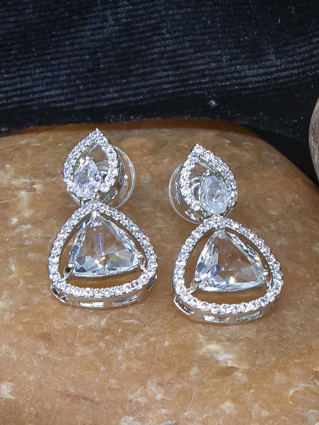 

Manikya Rhodium-Plated Cubic Zirconia Studded Triangular Drop Earrings, Silver
