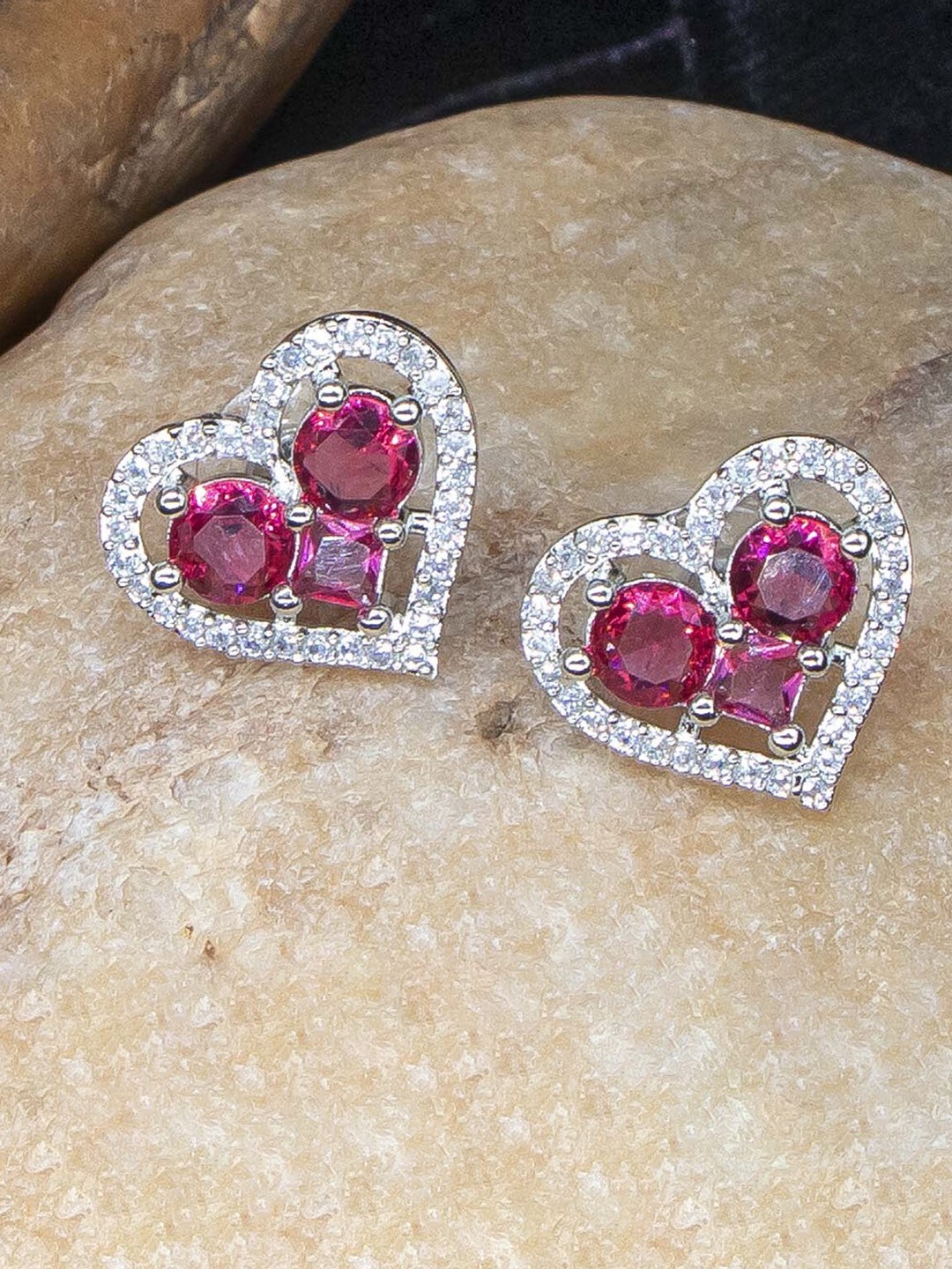 

Manikya Rhodium-Plated Heart Shaped Studs Earrings, Fuchsia