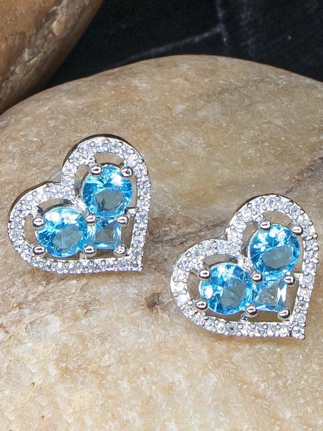 

Manikya Rhodium Plated Heart American Diamond Shaped Stud Earrings, Silver