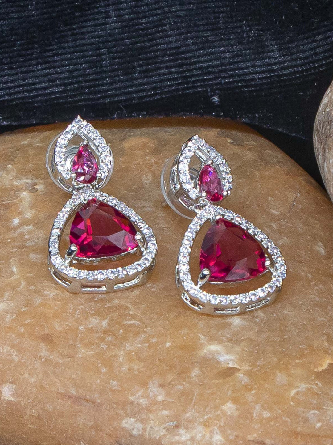 

Manikya Rhodium Plated American Diamond-Studded Teardrop Shaped Drop Earrings, Silver