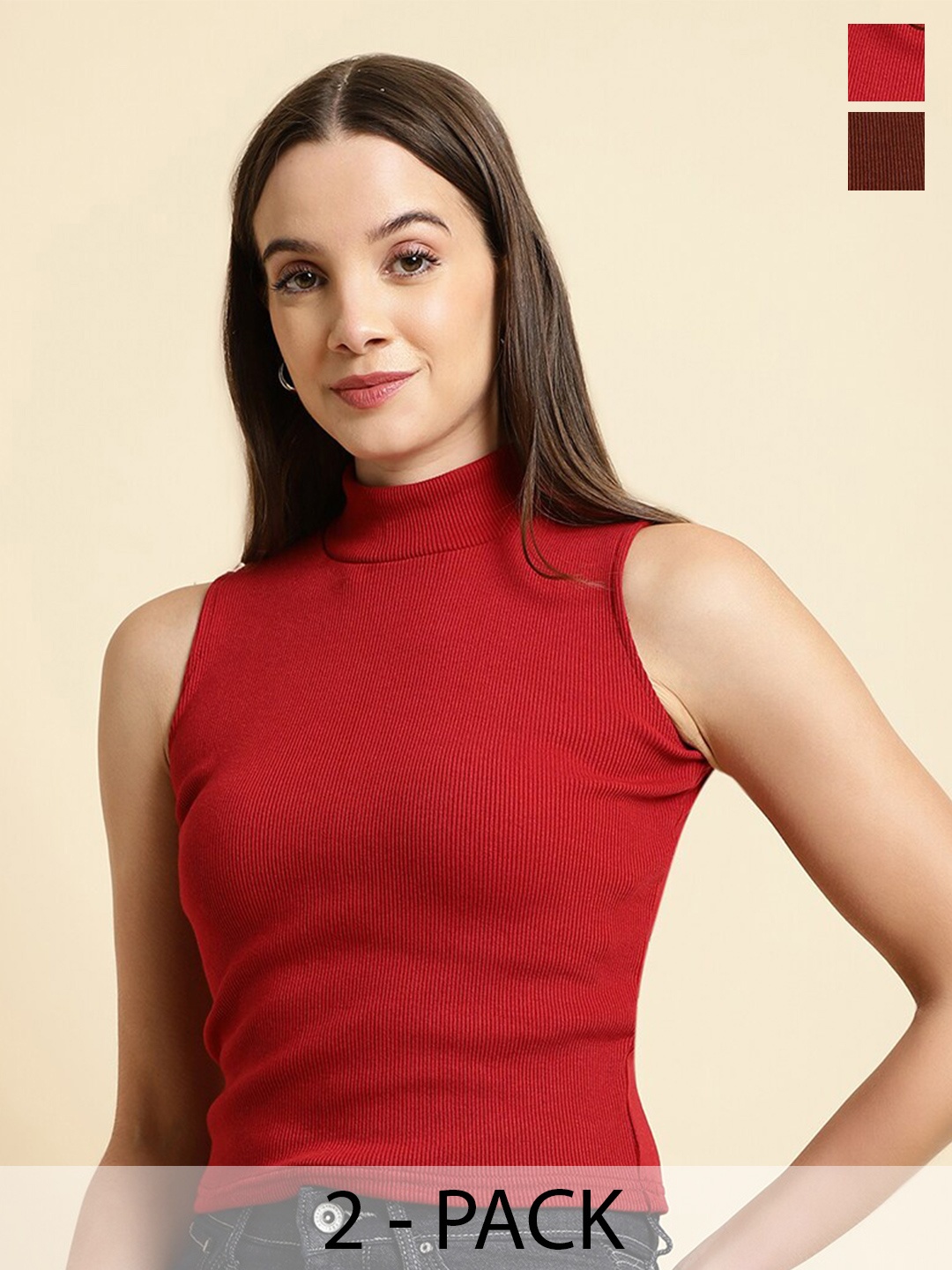 

UnaOne Pack of 2 Ribbed High Neck Fitted Crop Tops, Maroon