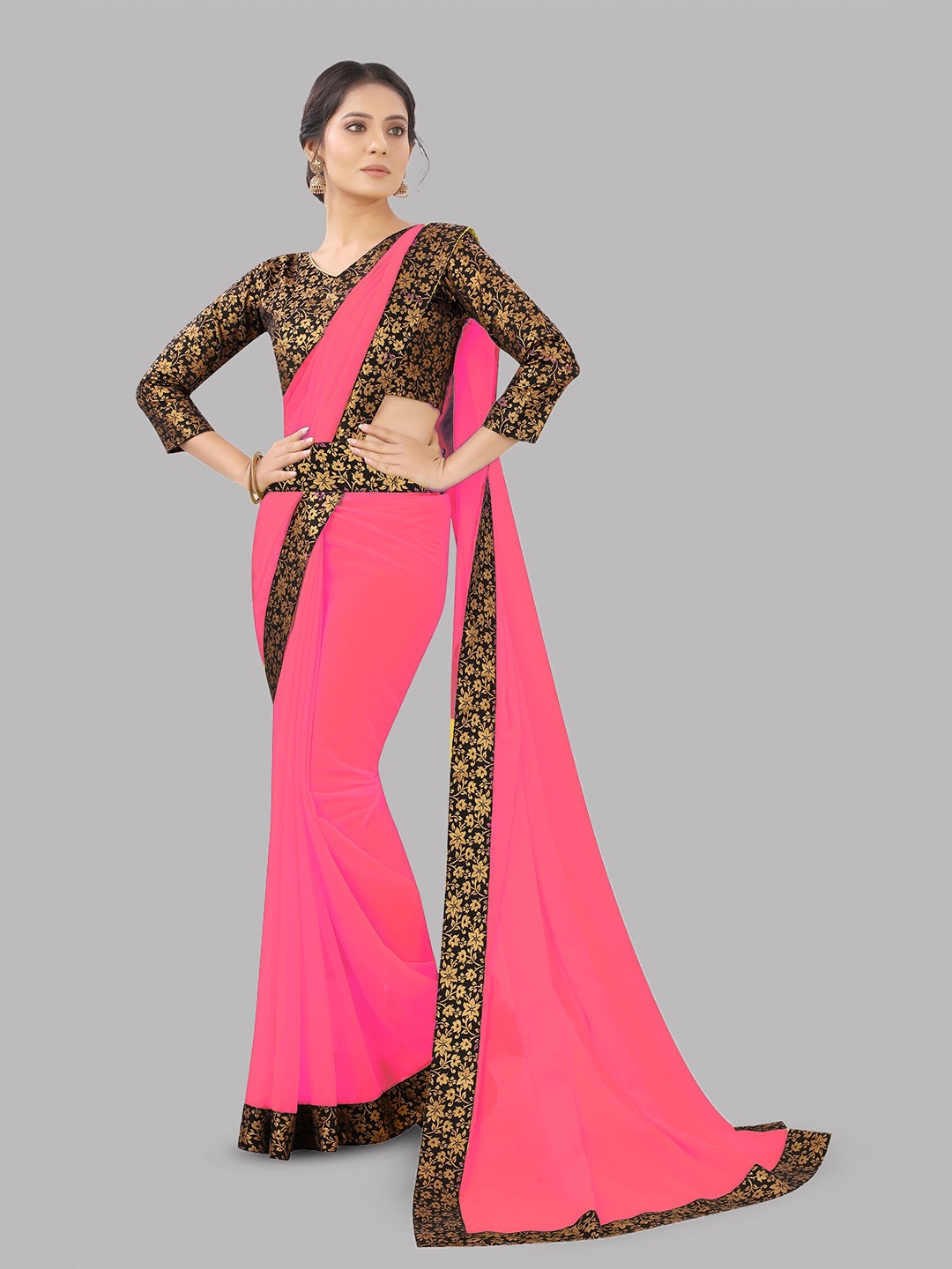 

Reeta Fashion Zari Pure Georgette Saree, Pink