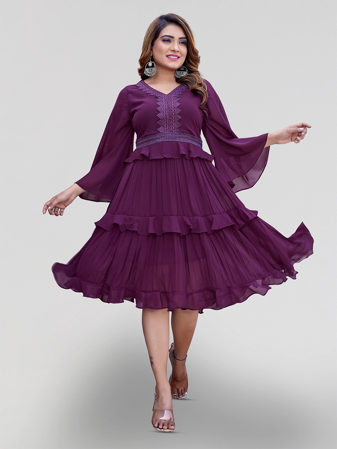 

PYARI - A style for every story V Neck Bell Sleeves Ruffled Tiered Fit & Flare Midi Dress, Purple