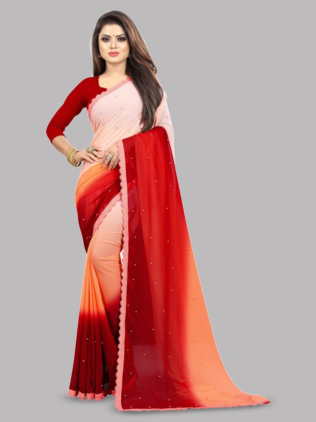 

Reeta Fashion Ombre Beads and Stones Pure Georgette Saree, Peach
