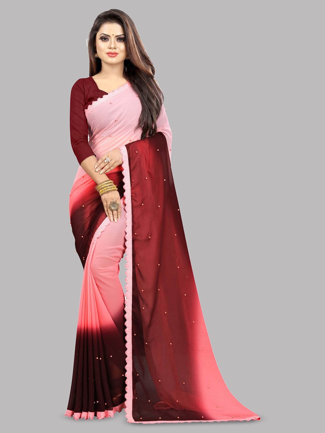 

Reeta Fashion Tie and Dye Embellished Beads and Stones Pure Georgette Saree, Maroon