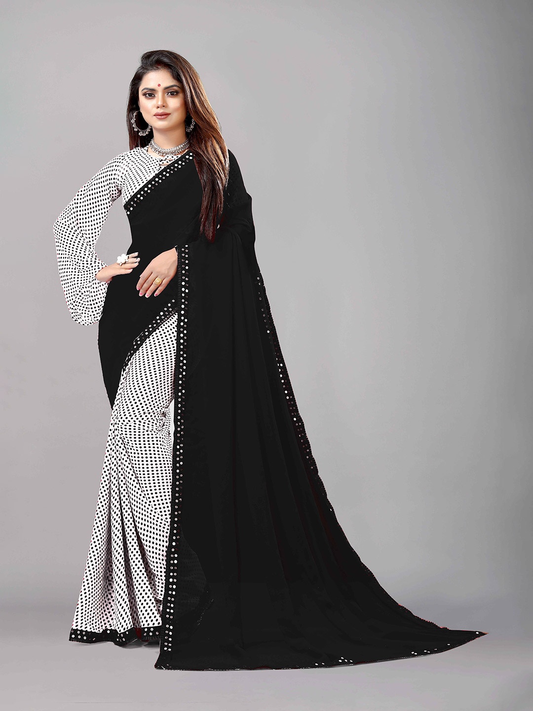 

Reeta Fashion Polka Dot Sequinned Pure Georgette Half and Half Saree, White