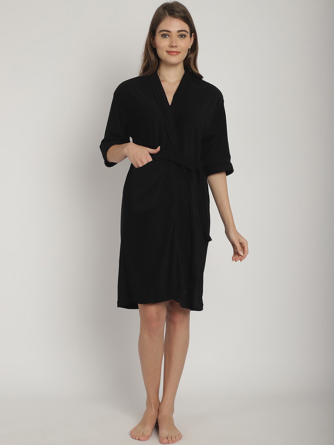 

ELEVANTO Women Black Shawl Collar Front Open Bath Robe