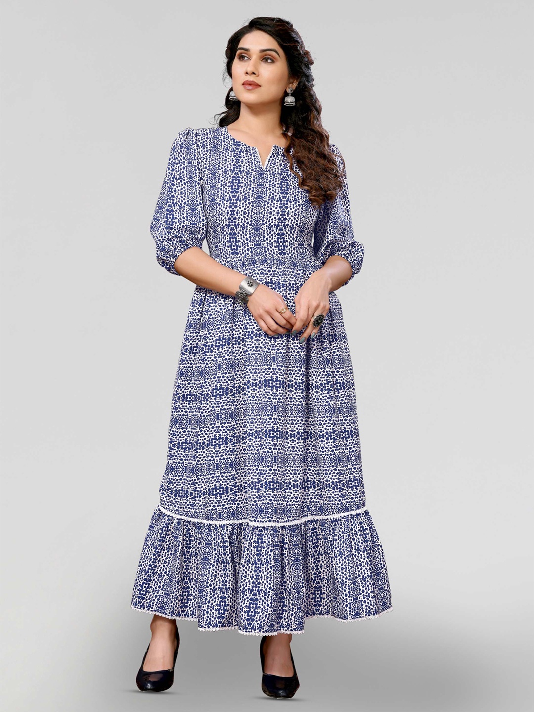 

PYARI - A style for every story Ethnic Motifs Printed Notch Neck Puff Sleeves Maxi Dress, Blue