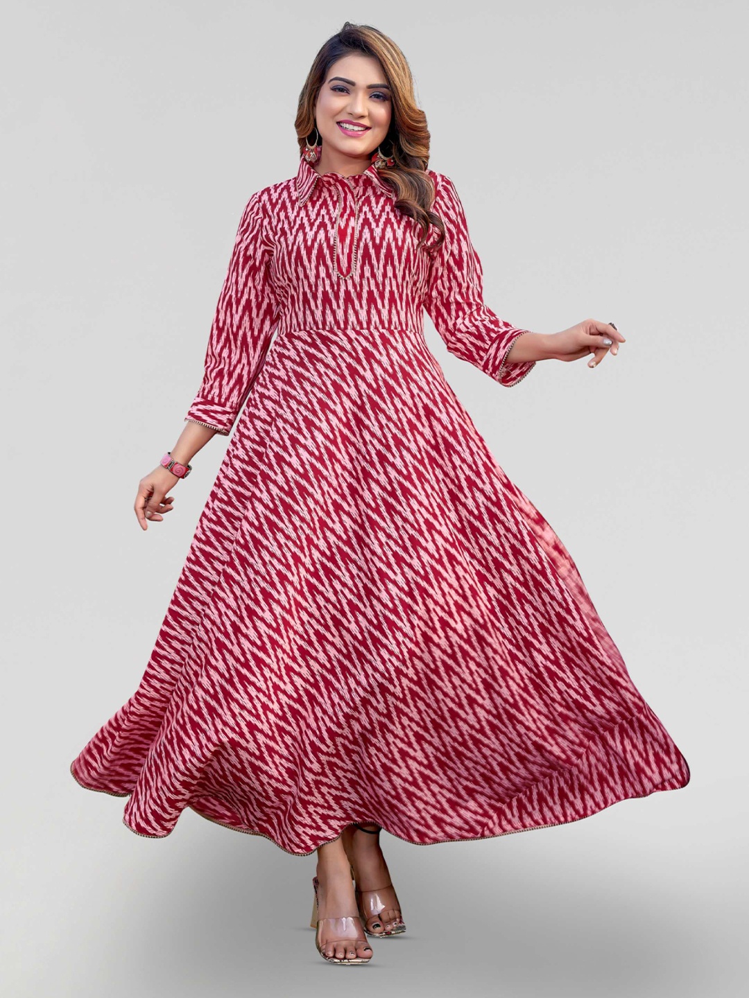 

PYARI - A style for every story Chevron Printed Shirt Collar Cuffed Sleeves Maxi Dress, Maroon