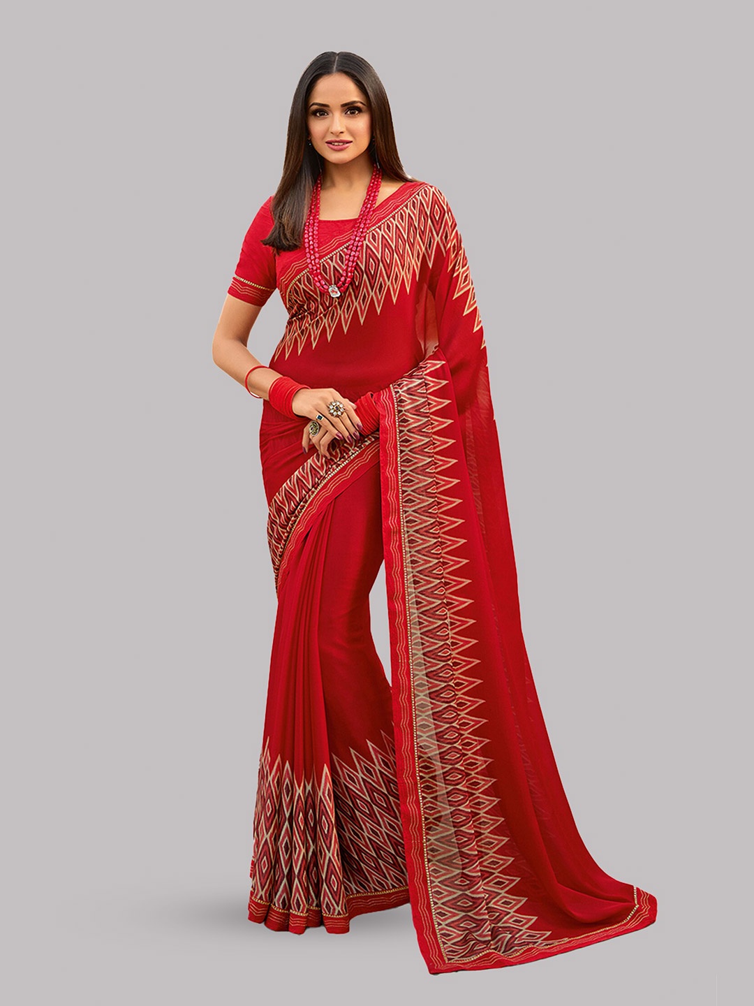 

Reeta Fashion Ethnic Motifs Printed Gotta Patti Pure Georgette Saree, Red