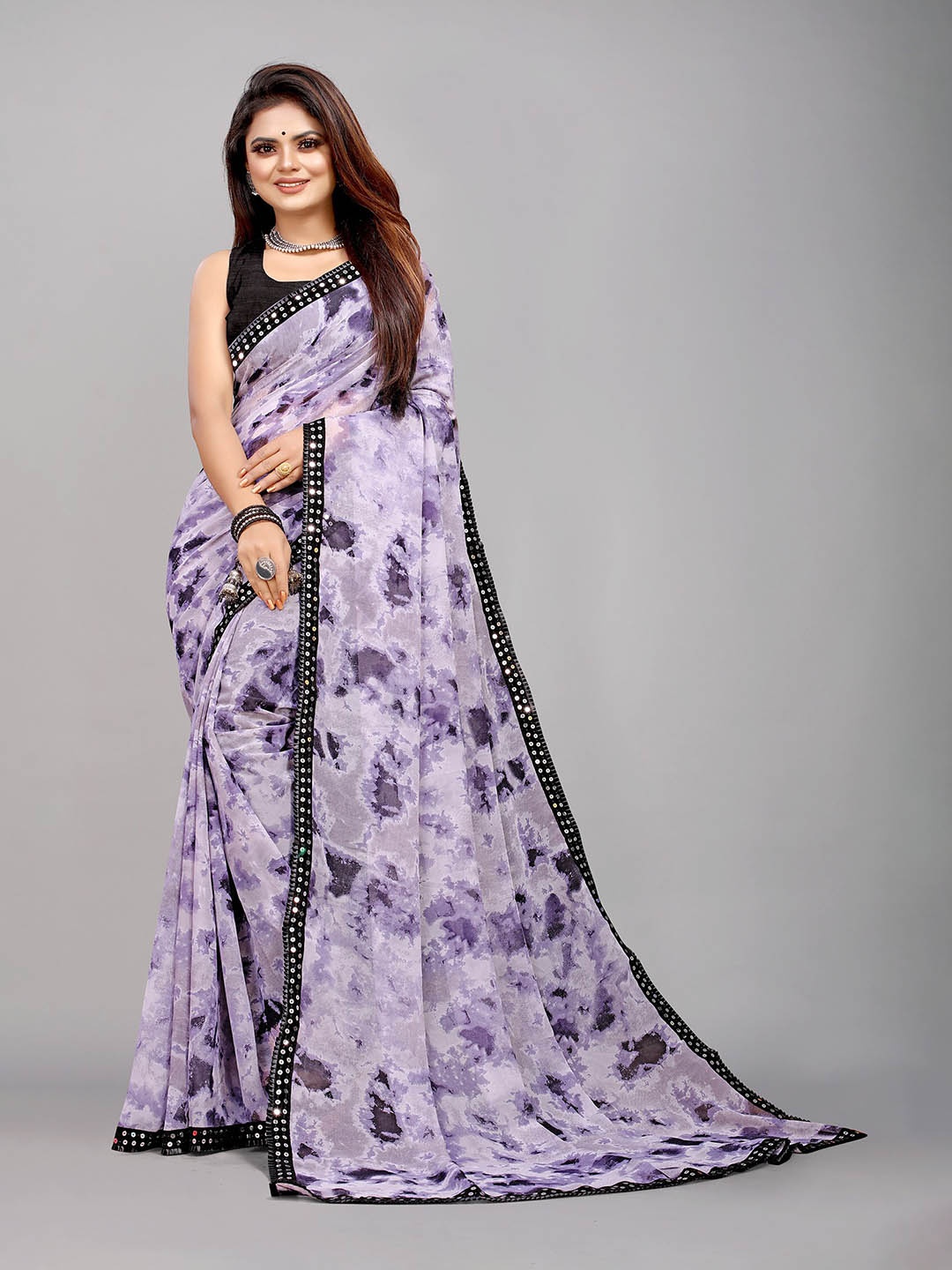 

Reeta Fashion Abstract Printed Gotta Patti Pure Georgette Saree, Purple