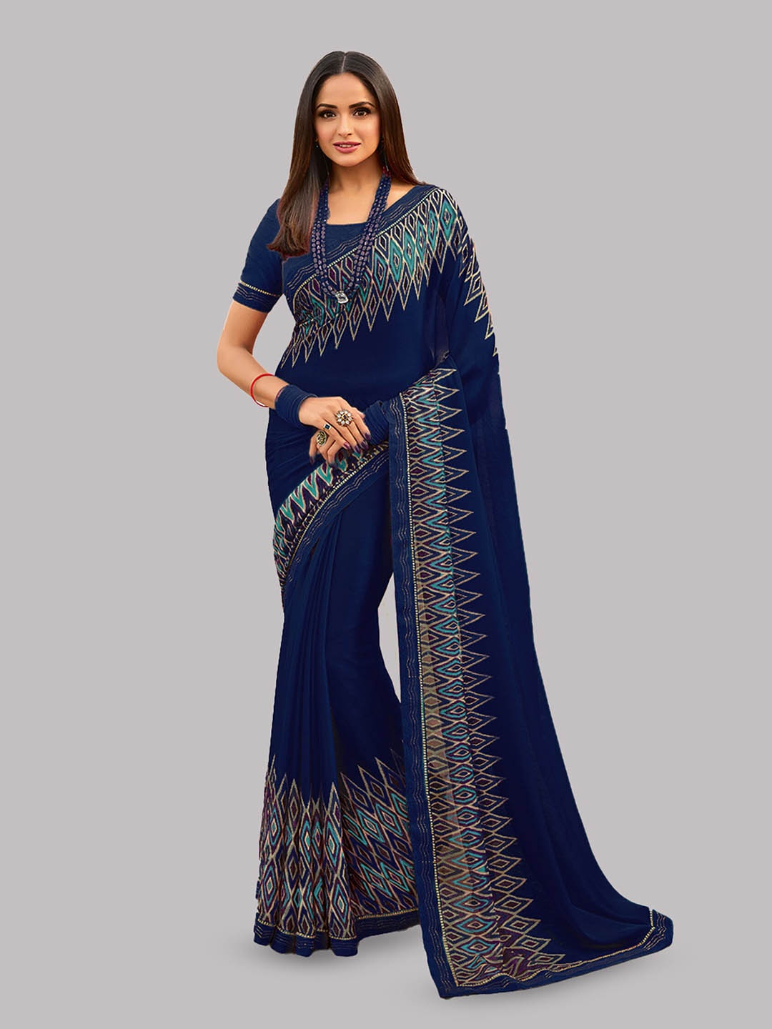 

Reeta Fashion Geometric Printed Gotta Patti Pure Georgette Saree, Navy blue
