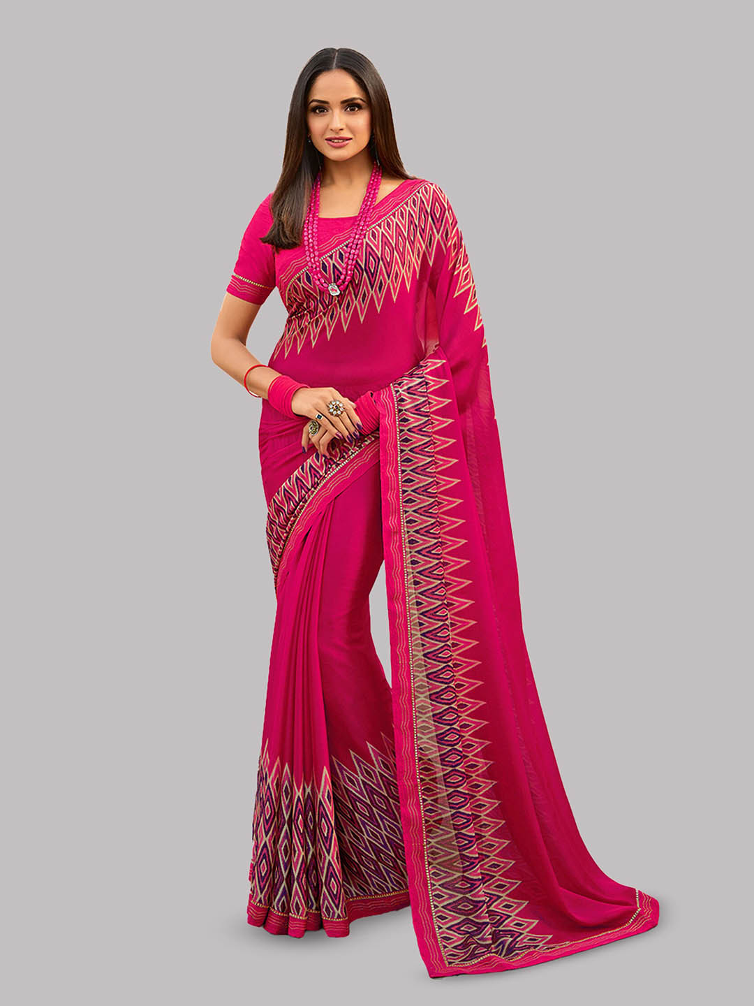 

Reeta Fashion Geometric Printed Gotta Patti Pure Georgette Saree, Pink