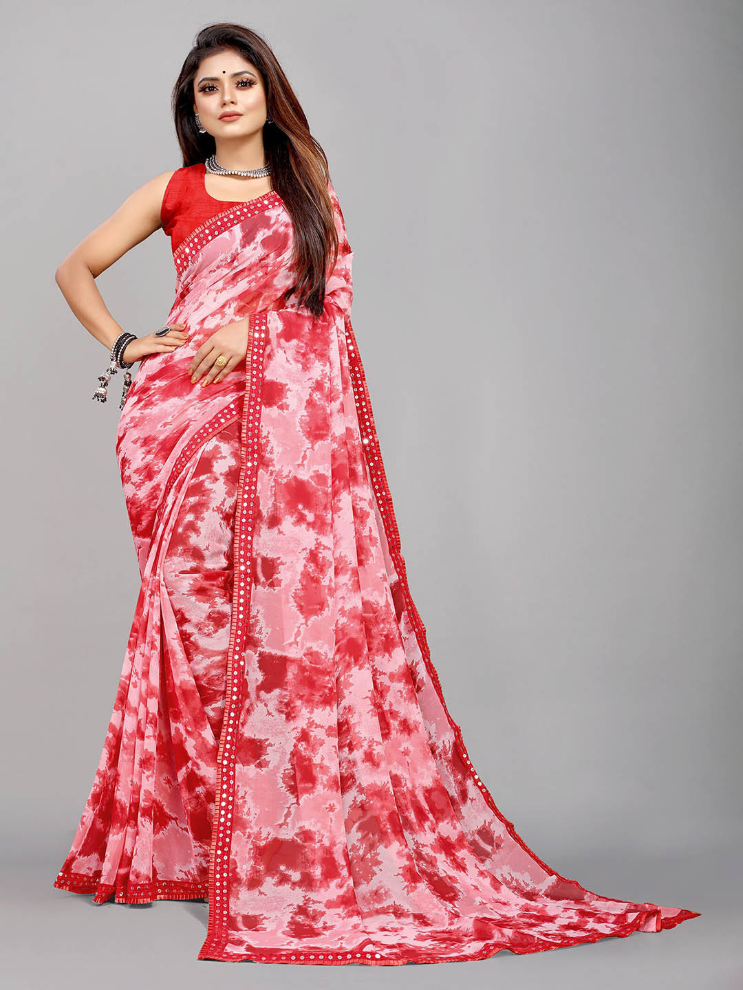 

Reeta Fashion Abstract Printed Sequined Pure Georgette Saree, Red